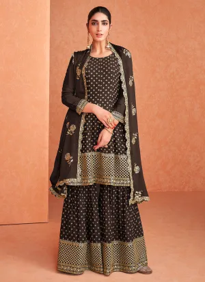 Brown Embroidered Designer Sharara Suit