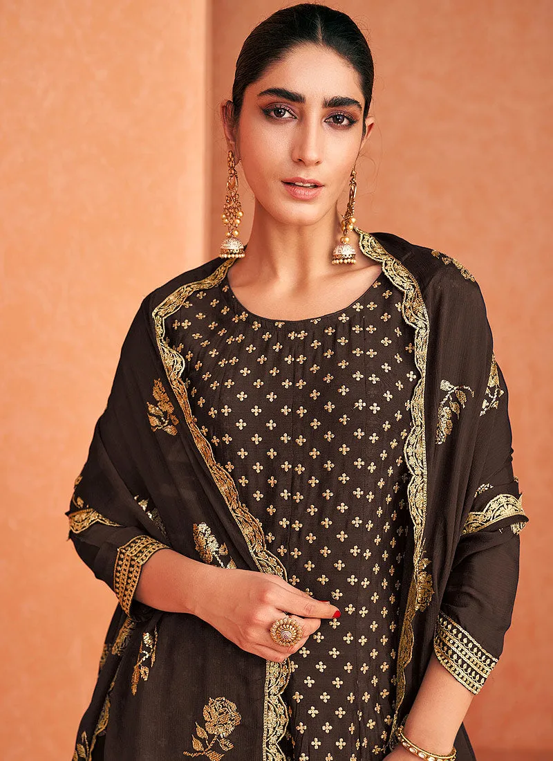 Brown Embroidered Designer Sharara Suit