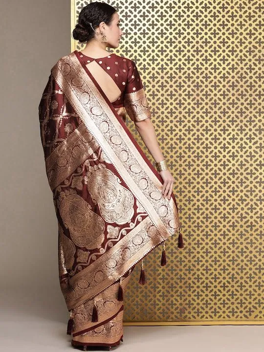 Brown Ethnic Motifs Zari Satin Banarasi Saree