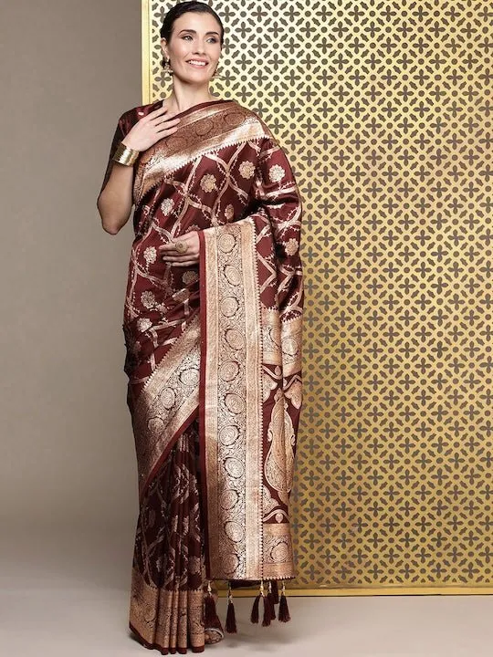 Brown Ethnic Motifs Zari Satin Banarasi Saree