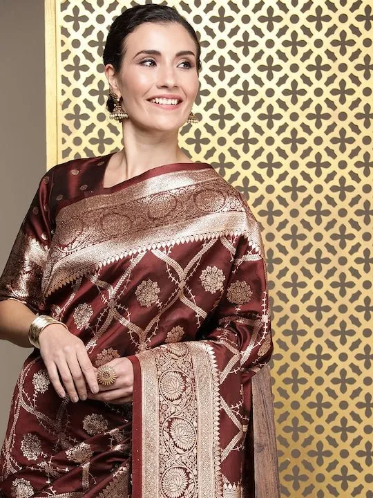 Brown Ethnic Motifs Zari Satin Banarasi Saree