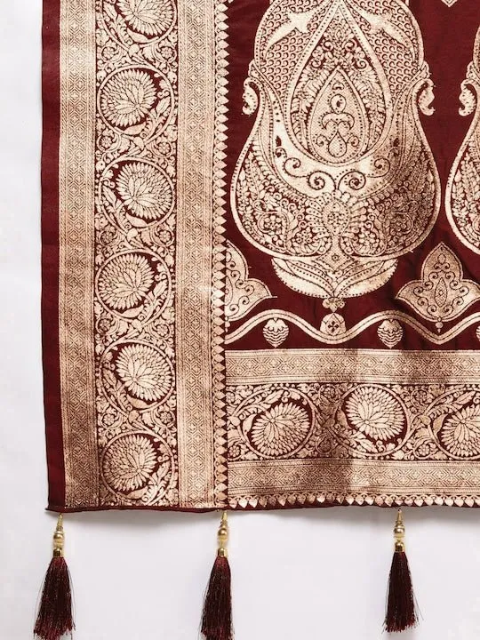 Brown Ethnic Motifs Zari Satin Banarasi Saree