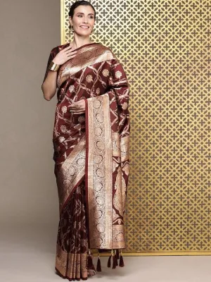 Brown Ethnic Motifs Zari Satin Banarasi Saree