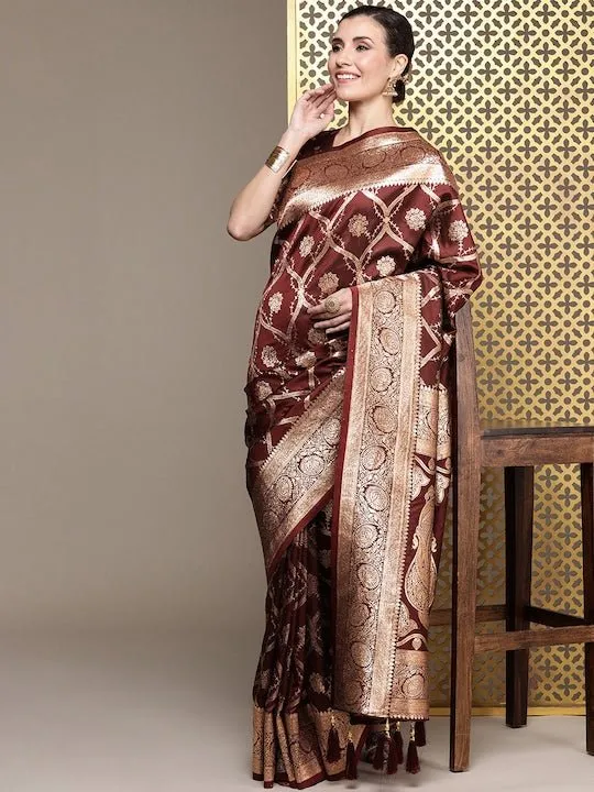 Brown Ethnic Motifs Zari Satin Banarasi Saree