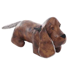 Brown Faux Leather Dachshund Door Stop Bow Plush Ears Tail