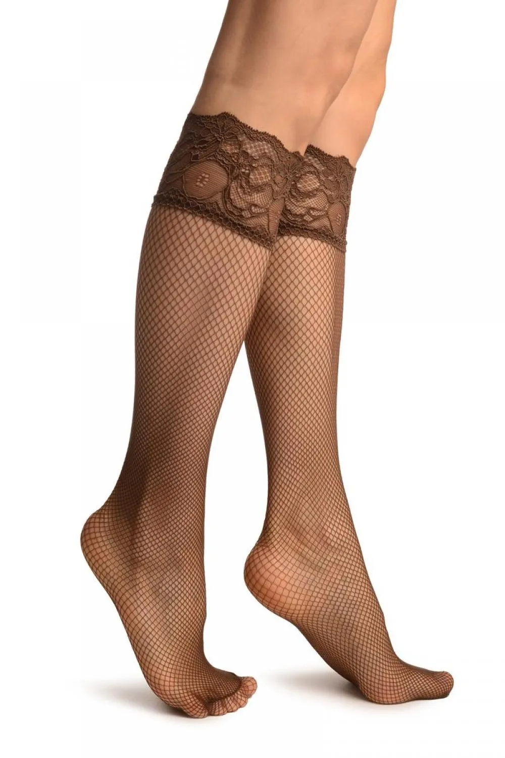 Brown Fishnet With Silicon Lace Socks Knee High