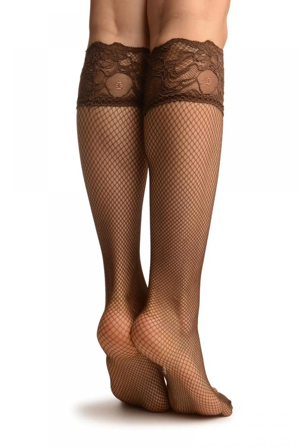 Brown Fishnet With Silicon Lace Socks Knee High