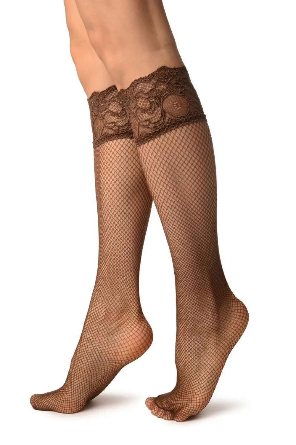 Brown Fishnet With Silicon Lace Socks Knee High