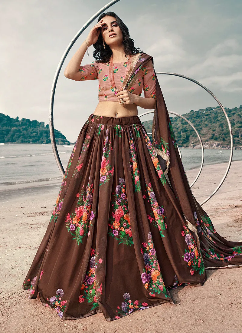 Brown Floral Prints And Motif Embroidered Lehenga Choli