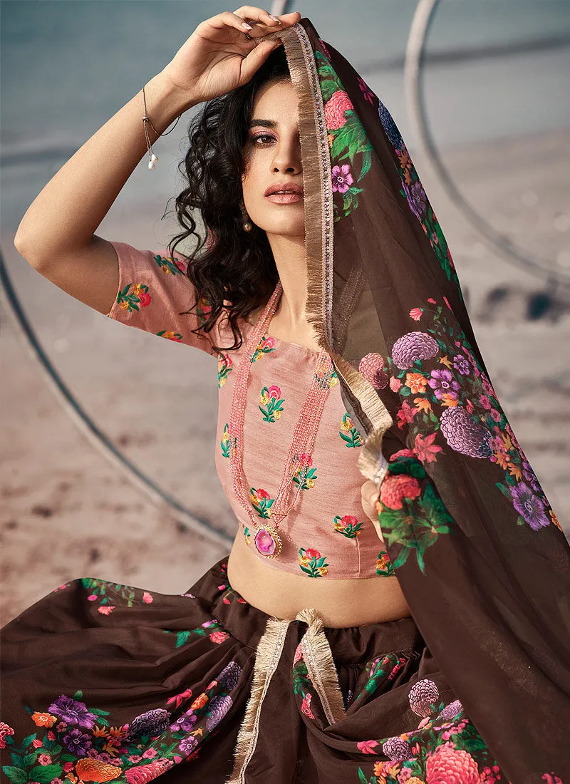 Brown Floral Prints And Motif Embroidered Lehenga Choli