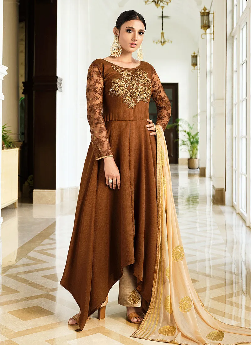 Brown Golden Zari Embroidered Asymmetric Anarkali Pant Suit