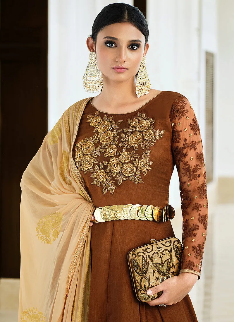 Brown Golden Zari Embroidered Asymmetric Anarkali Pant Suit