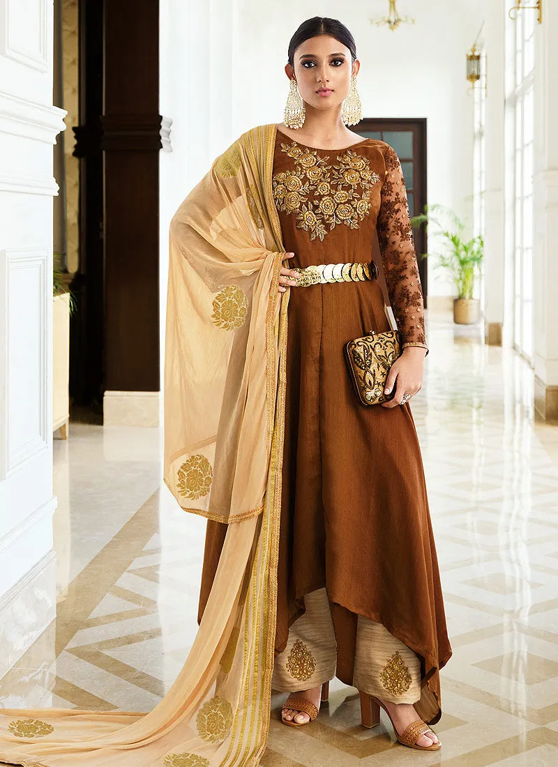 Brown Golden Zari Embroidered Asymmetric Anarkali Pant Suit