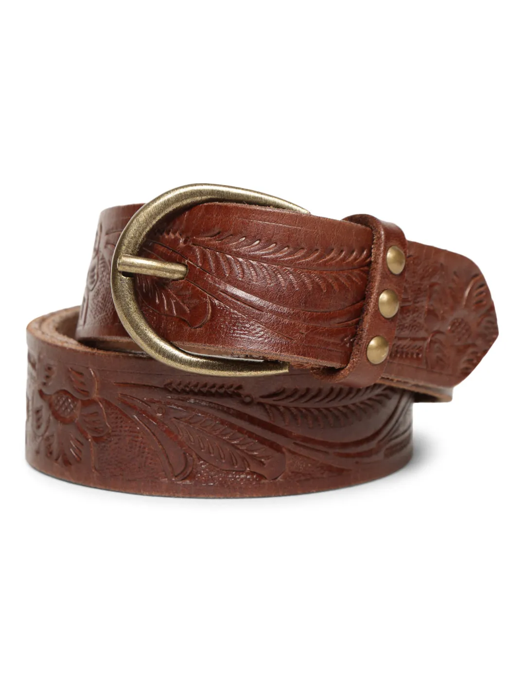 Brown Hand-tooled Design Leather Belt By Art N Vintage