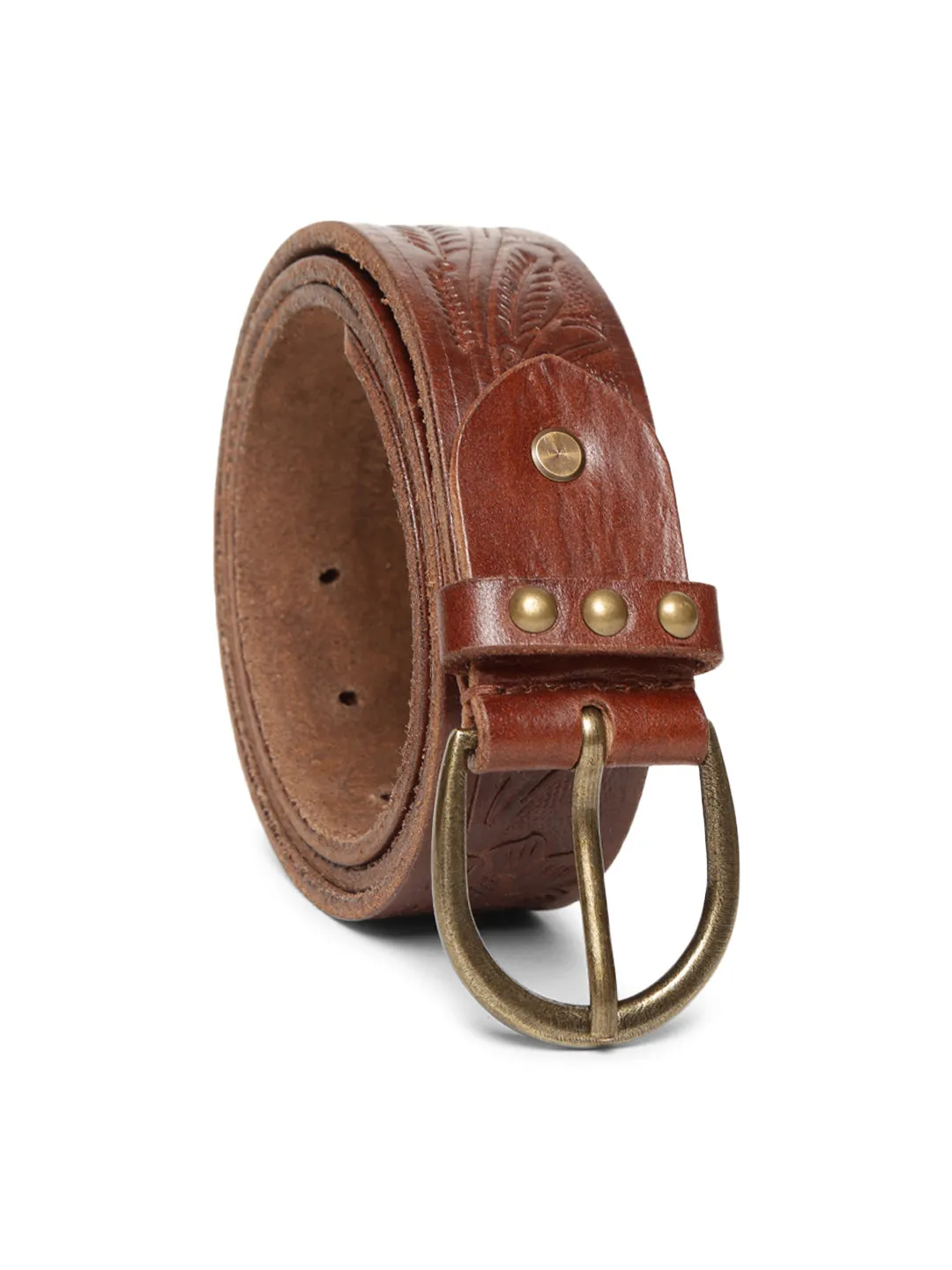 Brown Hand-tooled Design Leather Belt By Art N Vintage