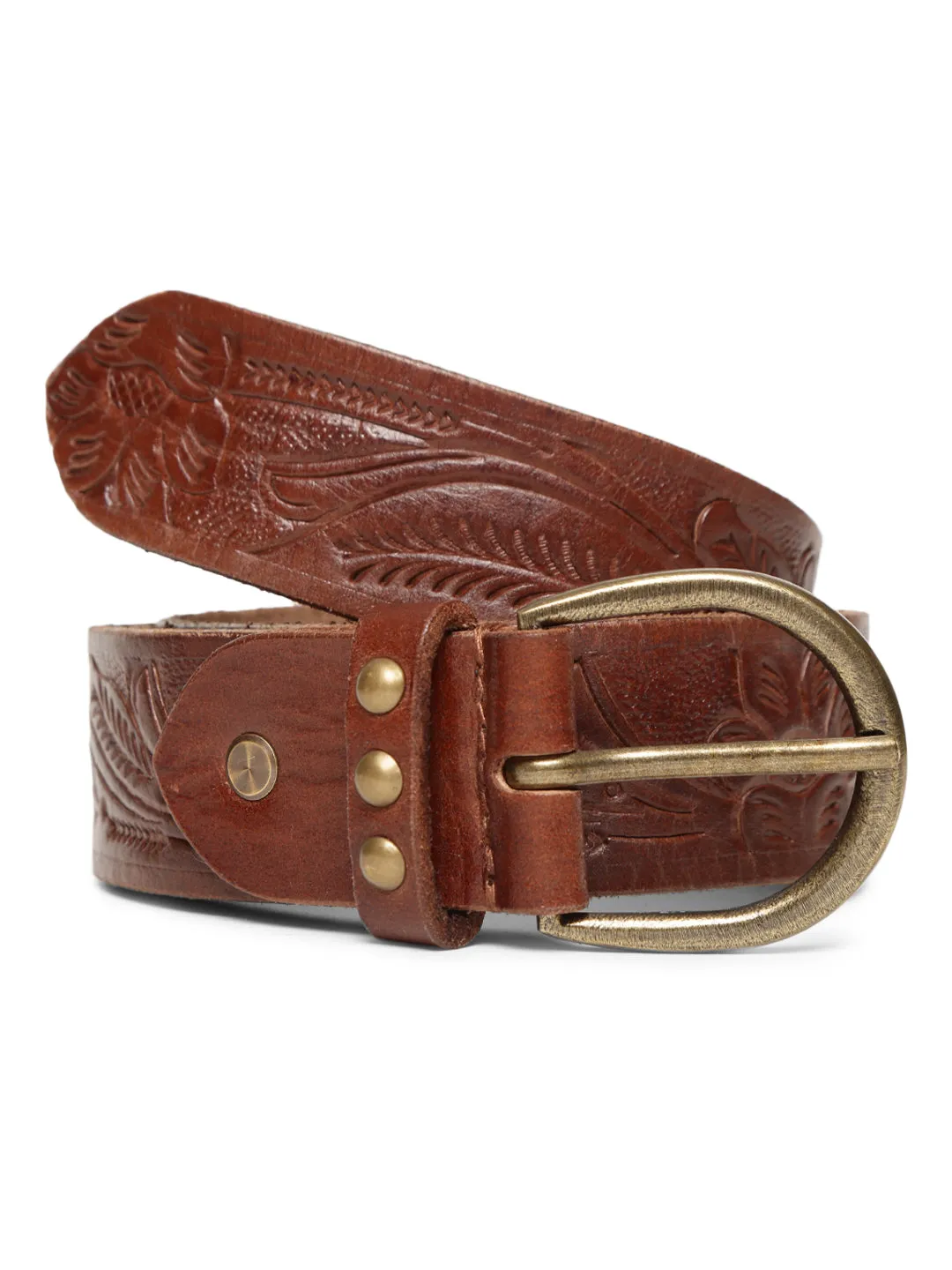 Brown Hand-tooled Design Leather Belt By Art N Vintage