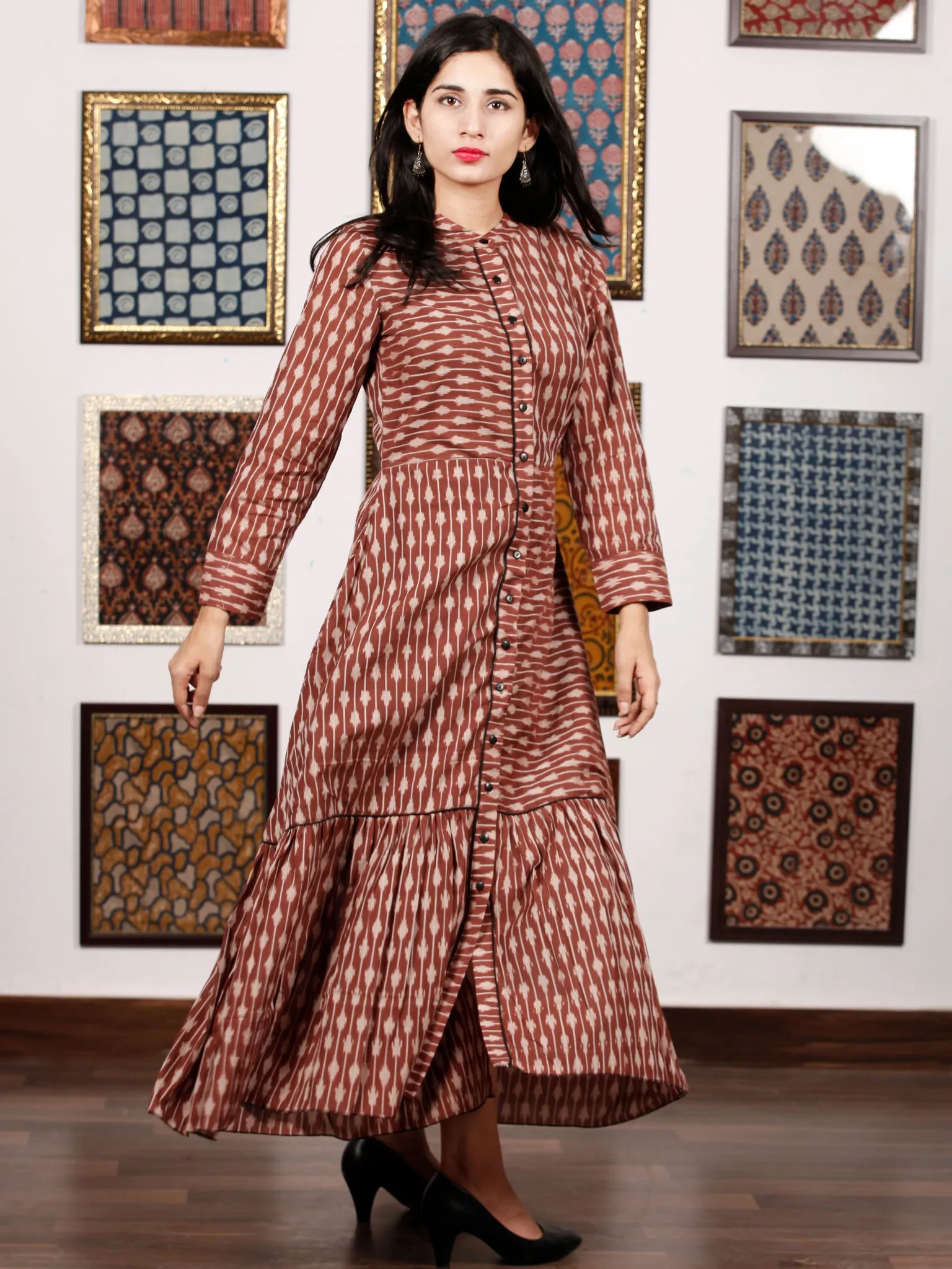 Brown Ivory Hand Woven Ikat Front Open Tier Dress With Pockets - D193F1039