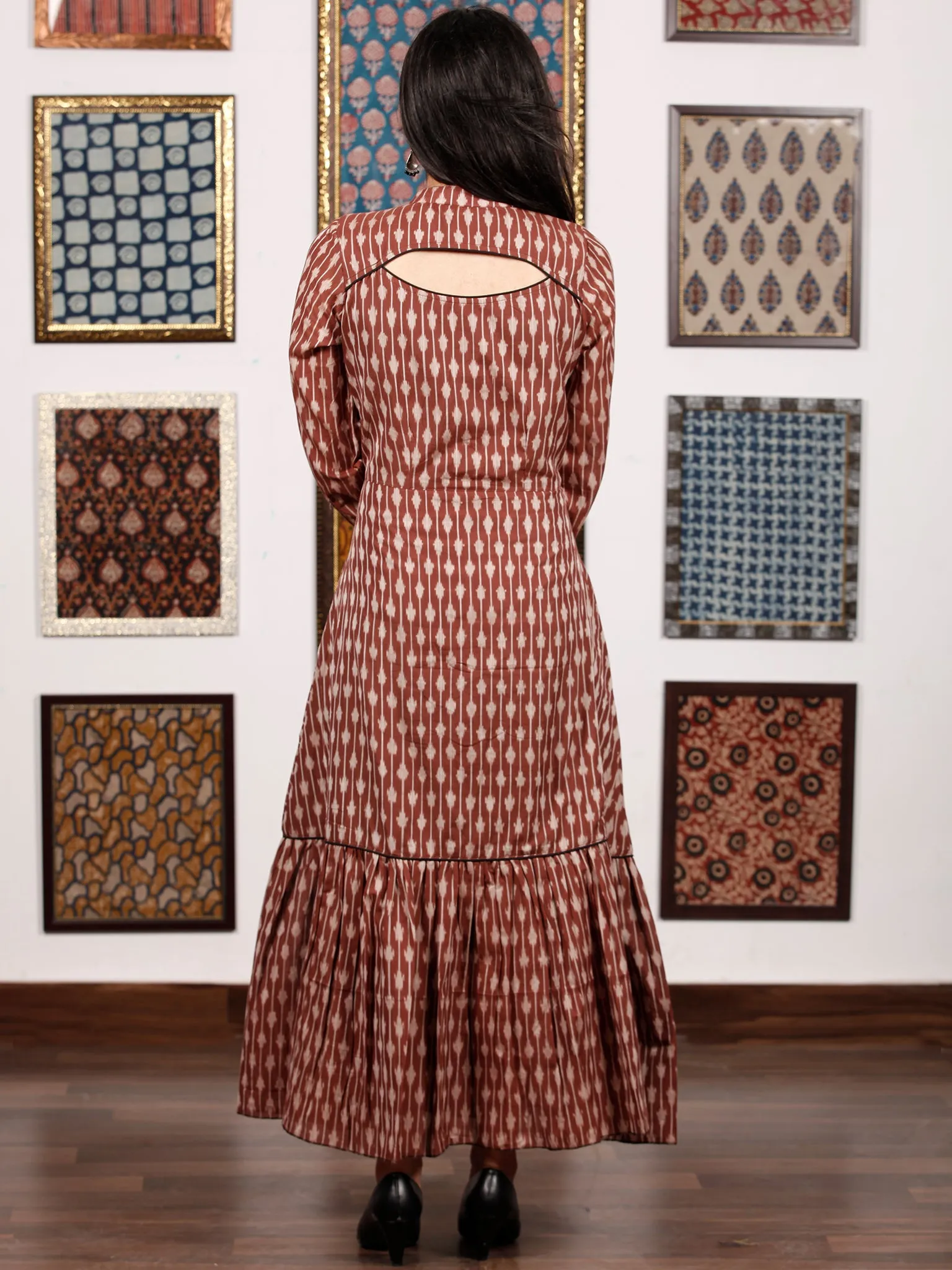 Brown Ivory Hand Woven Ikat Front Open Tier Dress With Pockets - D193F1039