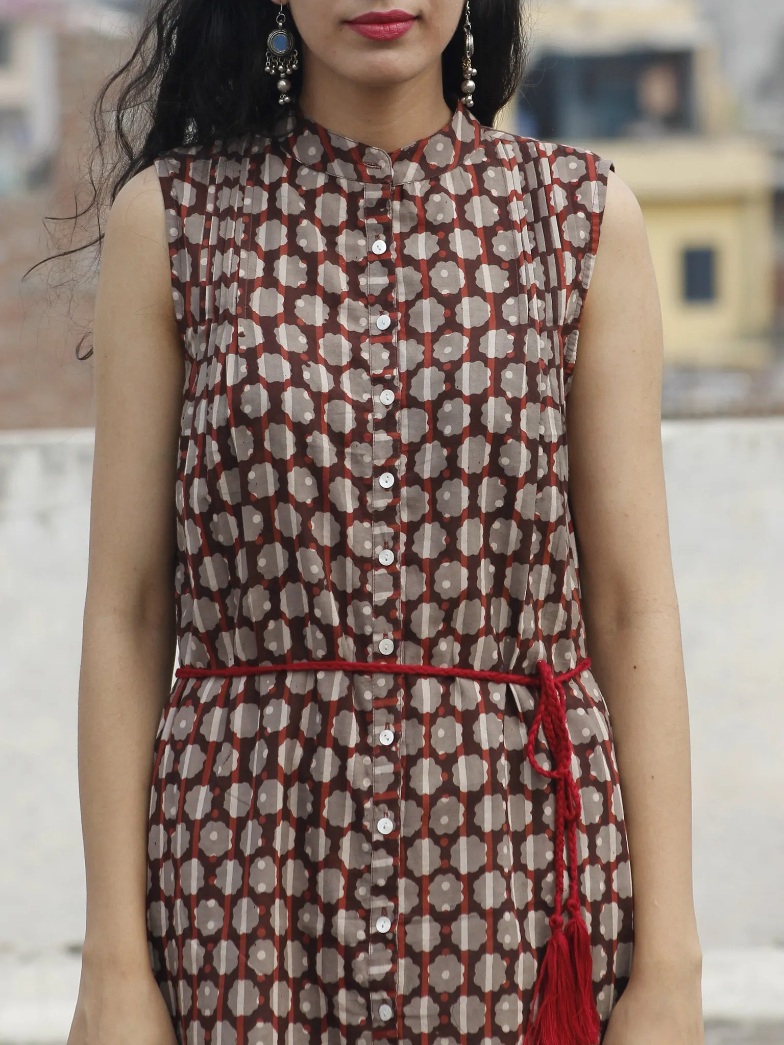 Brown Kashish Maroon Ivory Hand Block Printed Cotton Sleeveless Dress With Front Slit And Tie Up Waist - D89F432