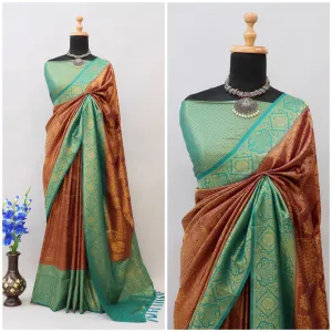 Brown Kuber Soft Silk Saree with Exquisite Golden Jari Work & Matching Blouse