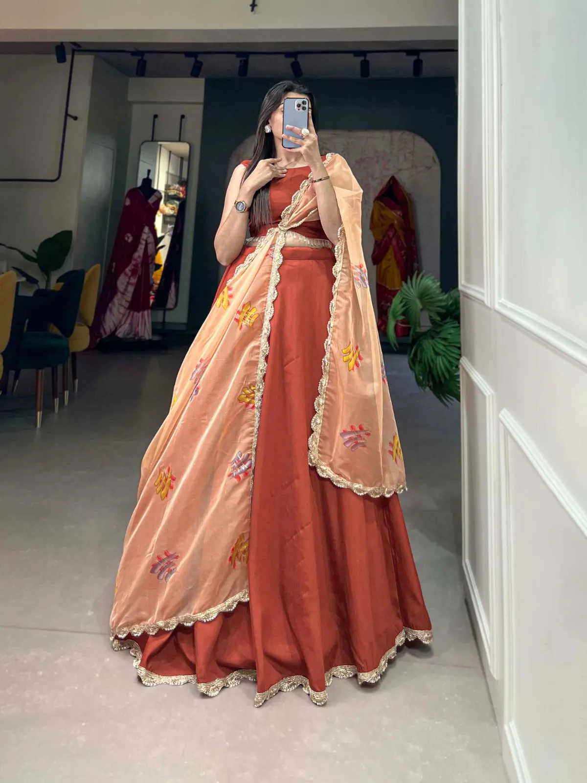 Brown Lehenga Choli Set with Organza Dupatta