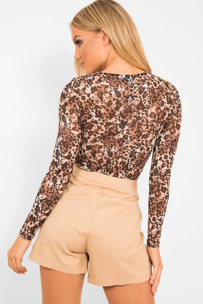 Brown Leopard Mesh Long Sleeve Top - Cristal