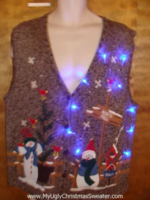 Brown Light Up Ugly Xmas Sweater Vest with Snowmen