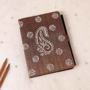 Brown - Lucknow Chikankari Hand Embroidery Silk Cover Notebook with Pencil (8 x 5.5 in)