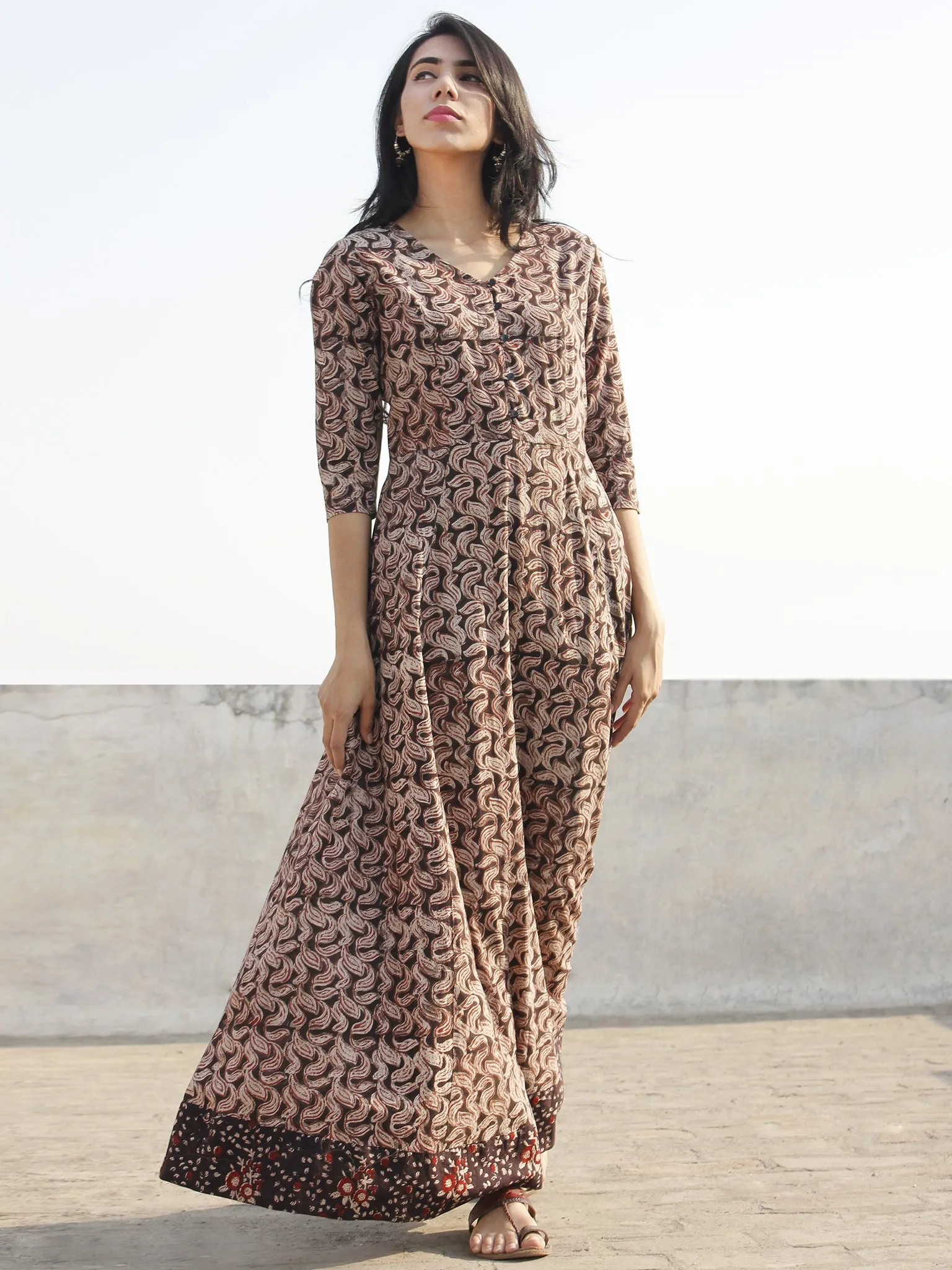 Brown Maroon Beige Hand Block Printed Long Tie-Up Back Waist Dress - D162F1155