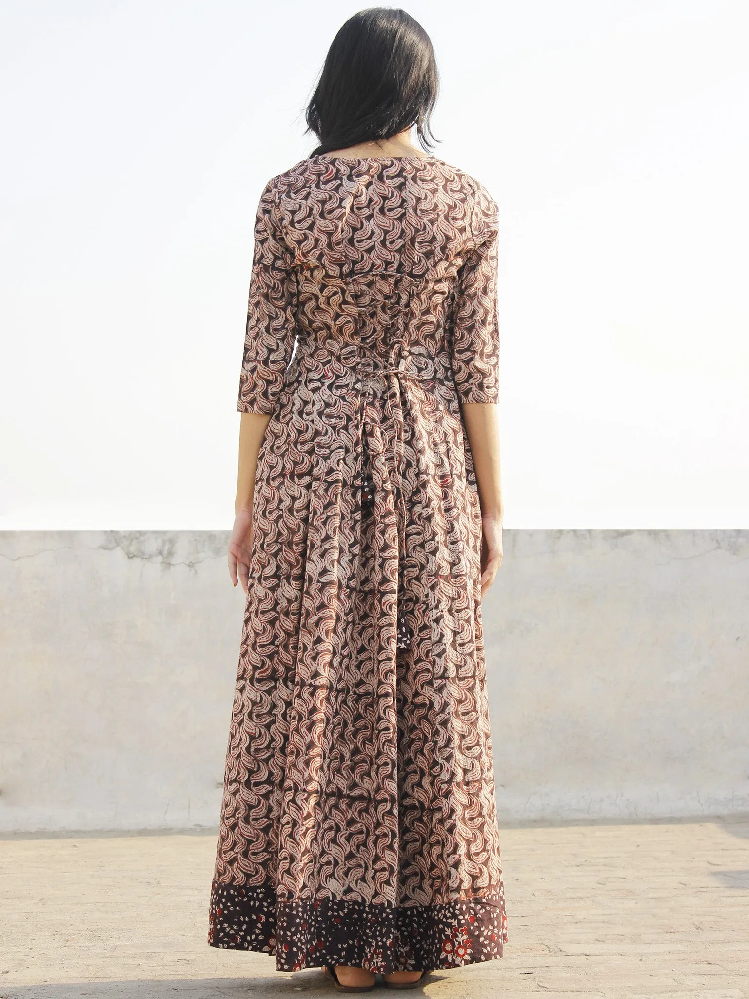 Brown Maroon Beige Hand Block Printed Long Tie-Up Back Waist Dress - D162F1155