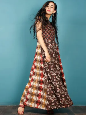 Brown Maroon Mustard Beige Hand Block Printed Long Cotton Panel Dress With Petal Sleeves  - D224F1323