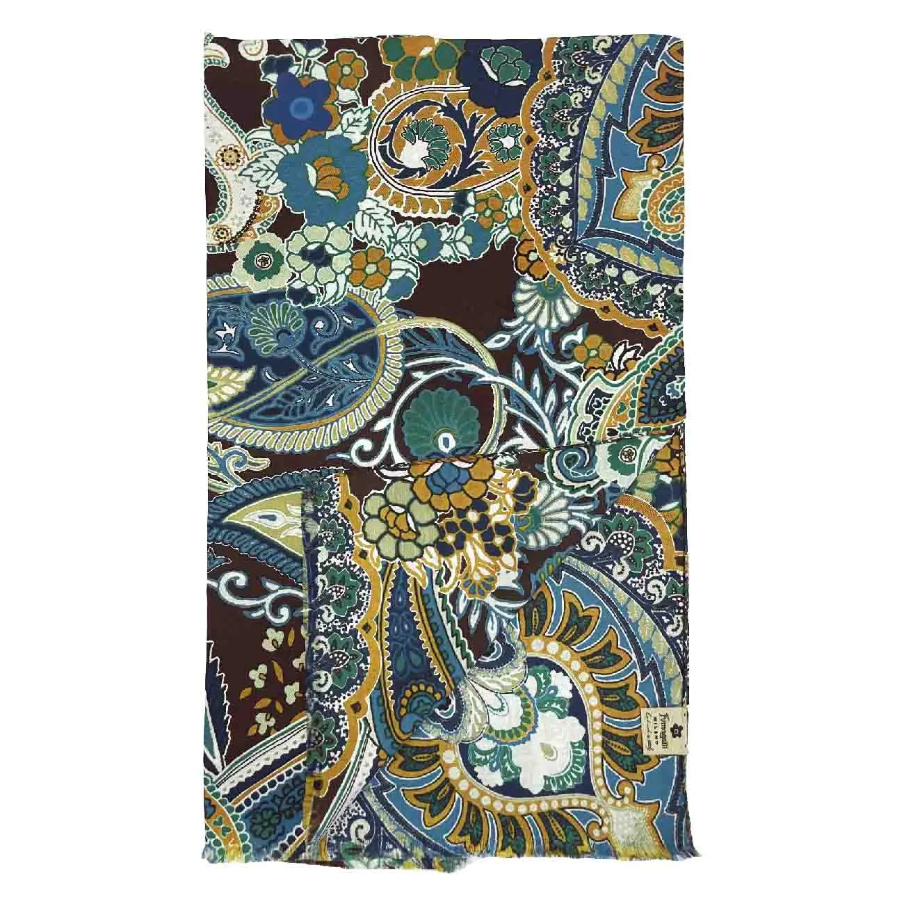 Brown paisley & floral silk & cotton fringed scarf