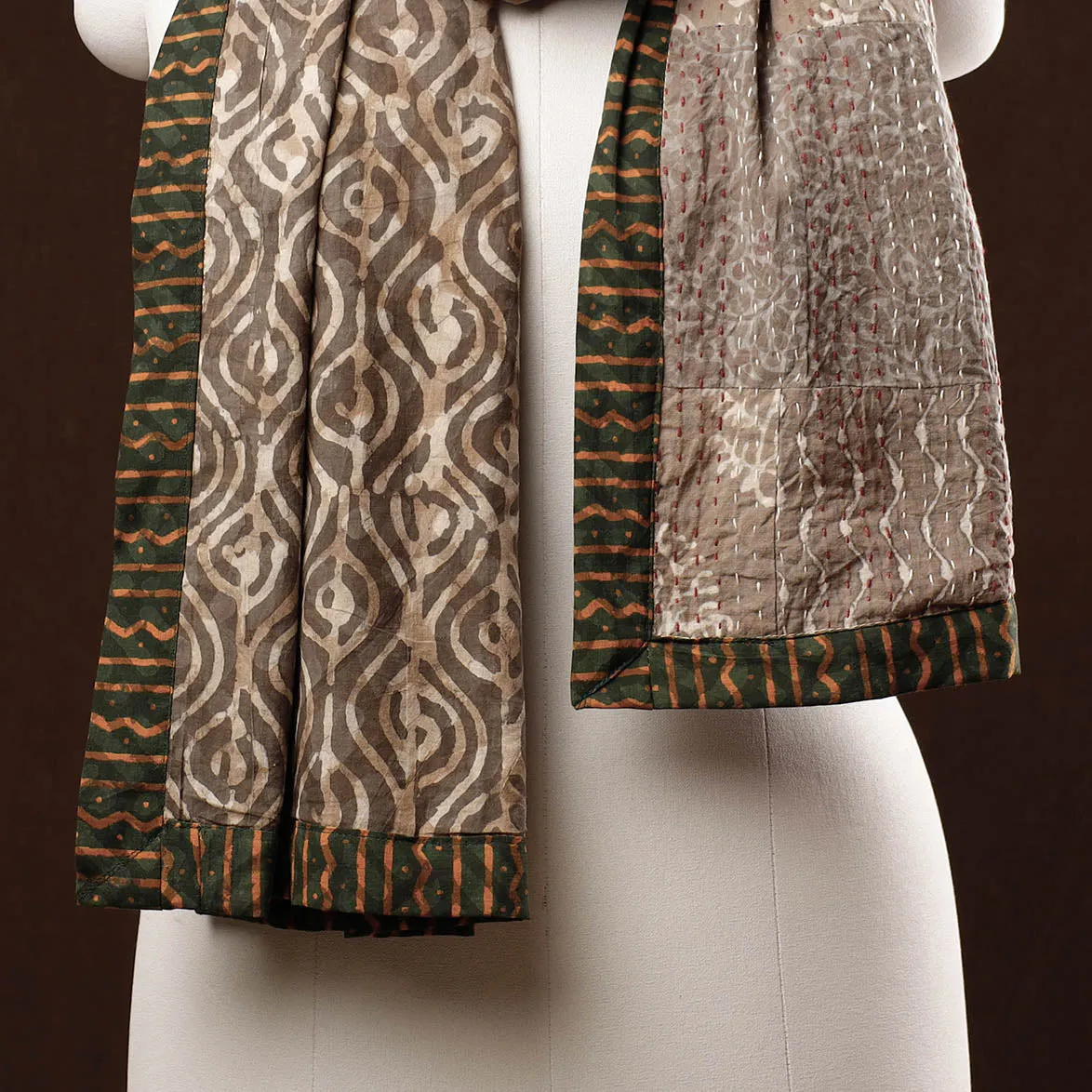 Brown - Patchwork Reversible Block Printed Tagai Cotton Stole