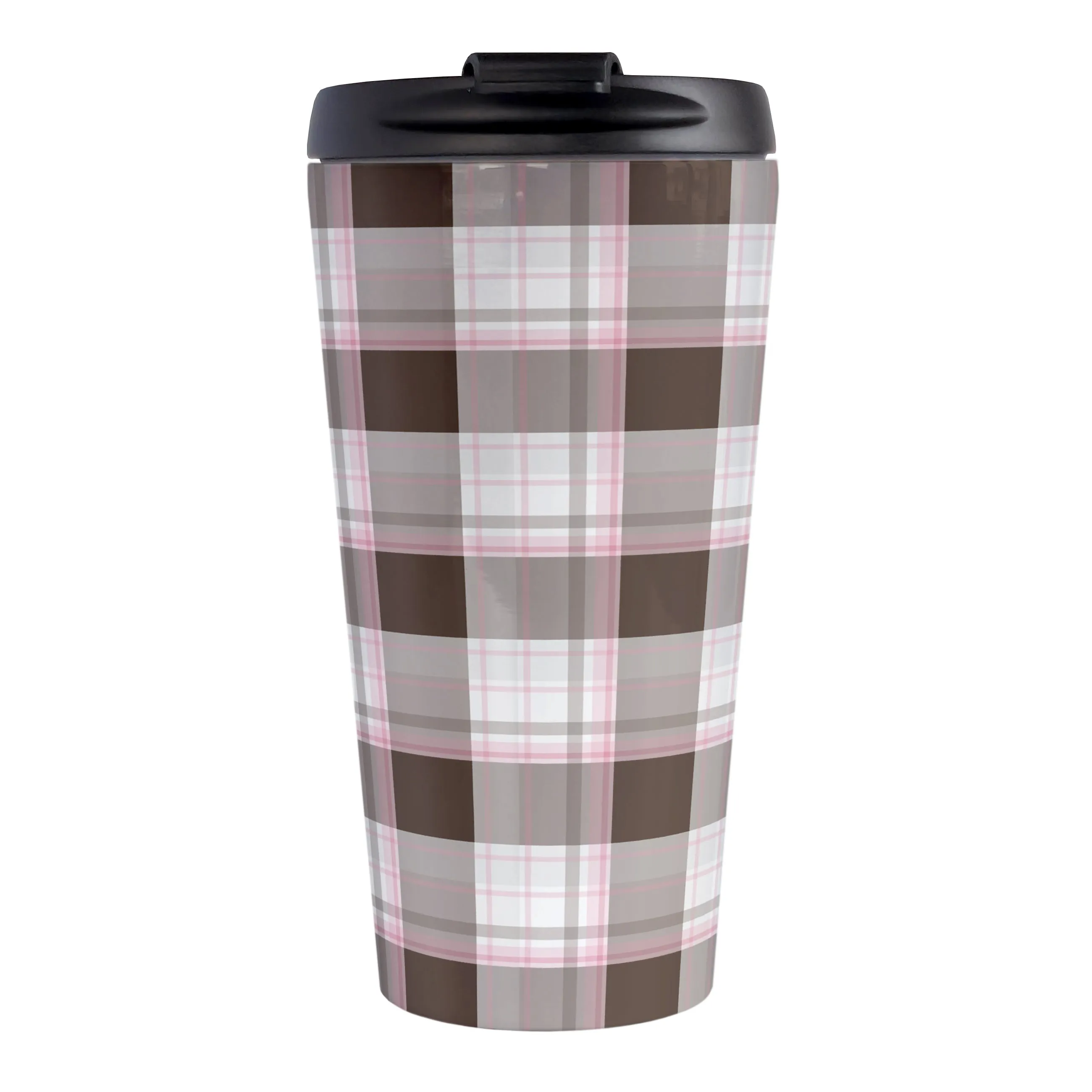 Brown Pink Plaid Travel Mug