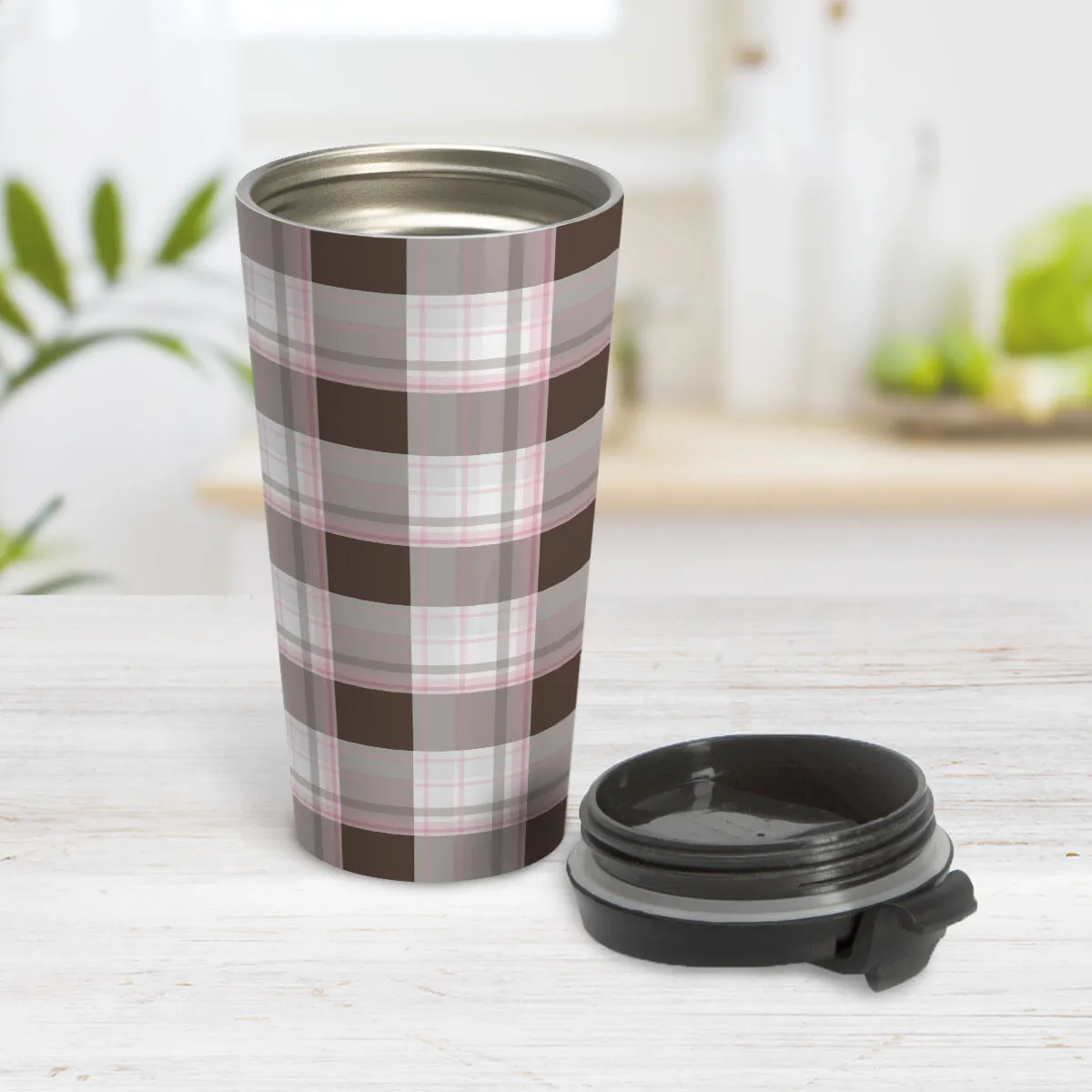 Brown Pink Plaid Travel Mug