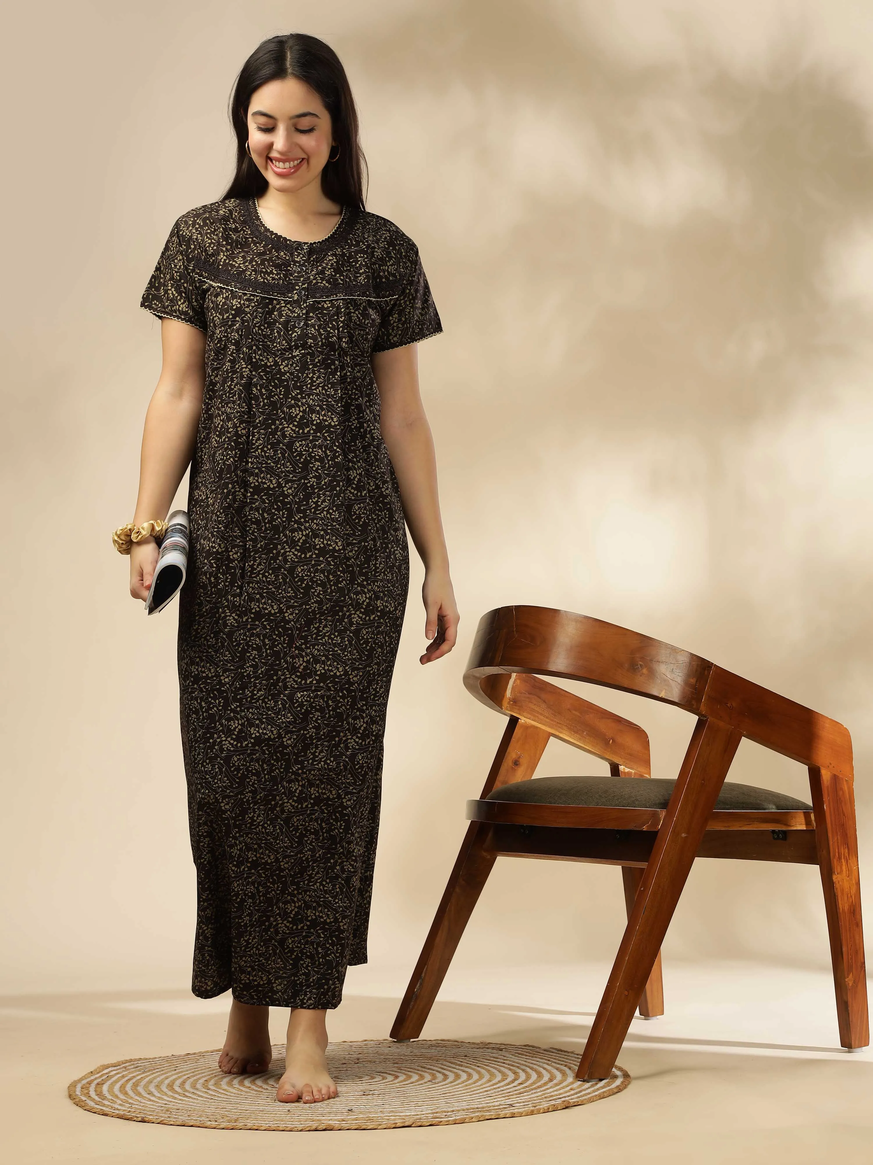 Brown Printed Designer Nighty – Elegant & Comfortable Sleepwear