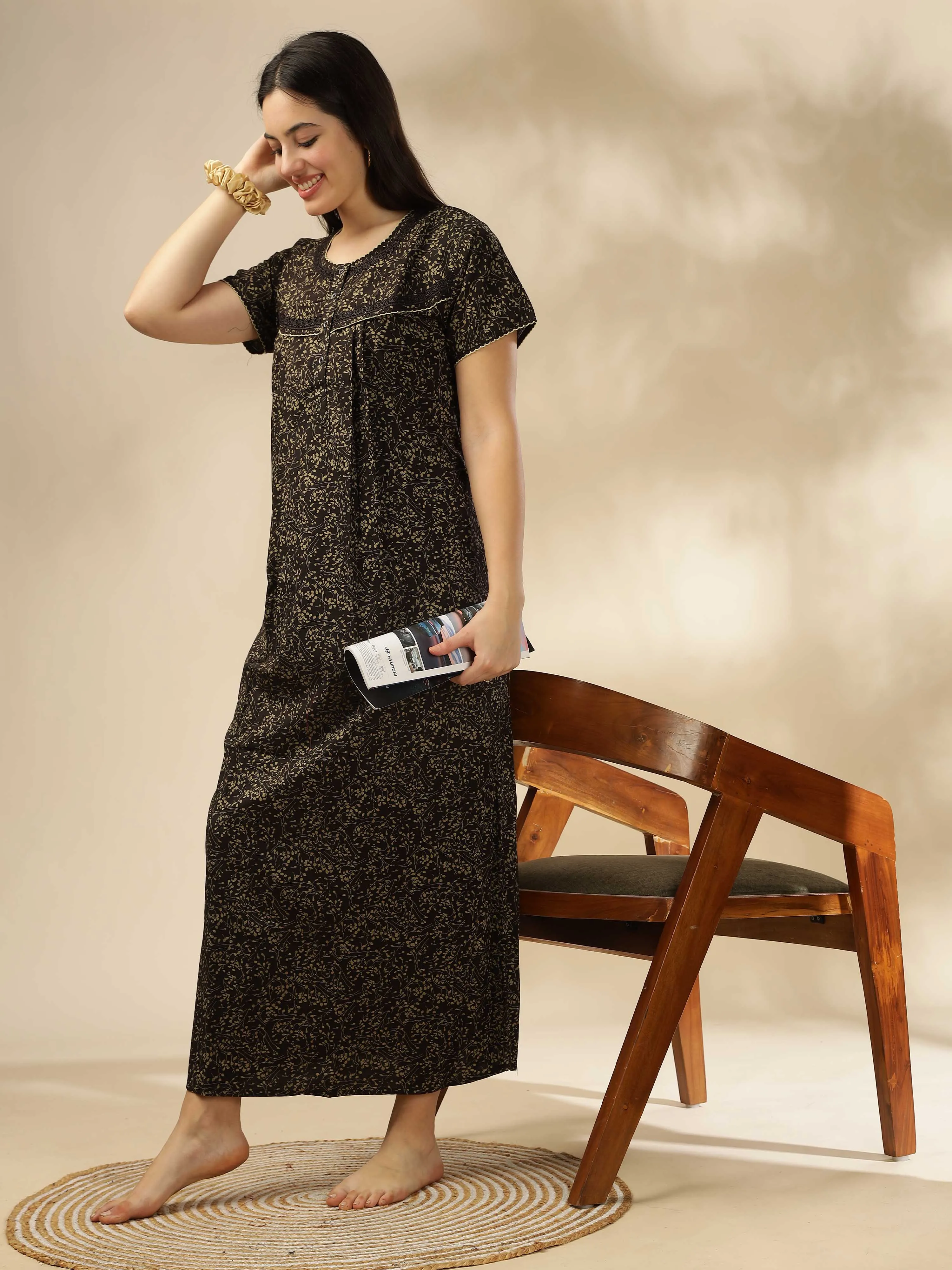 Brown Printed Designer Nighty – Elegant & Comfortable Sleepwear