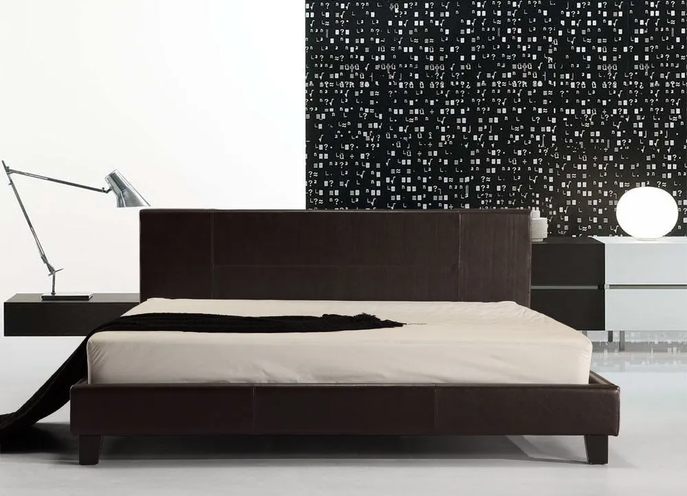 Brown PU Leather King Bed Frame with Stitched Headboard