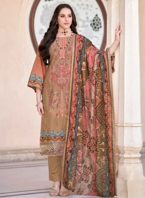 Brown Pure Cotton Pakistani Print Unstitched Suit Material for Women