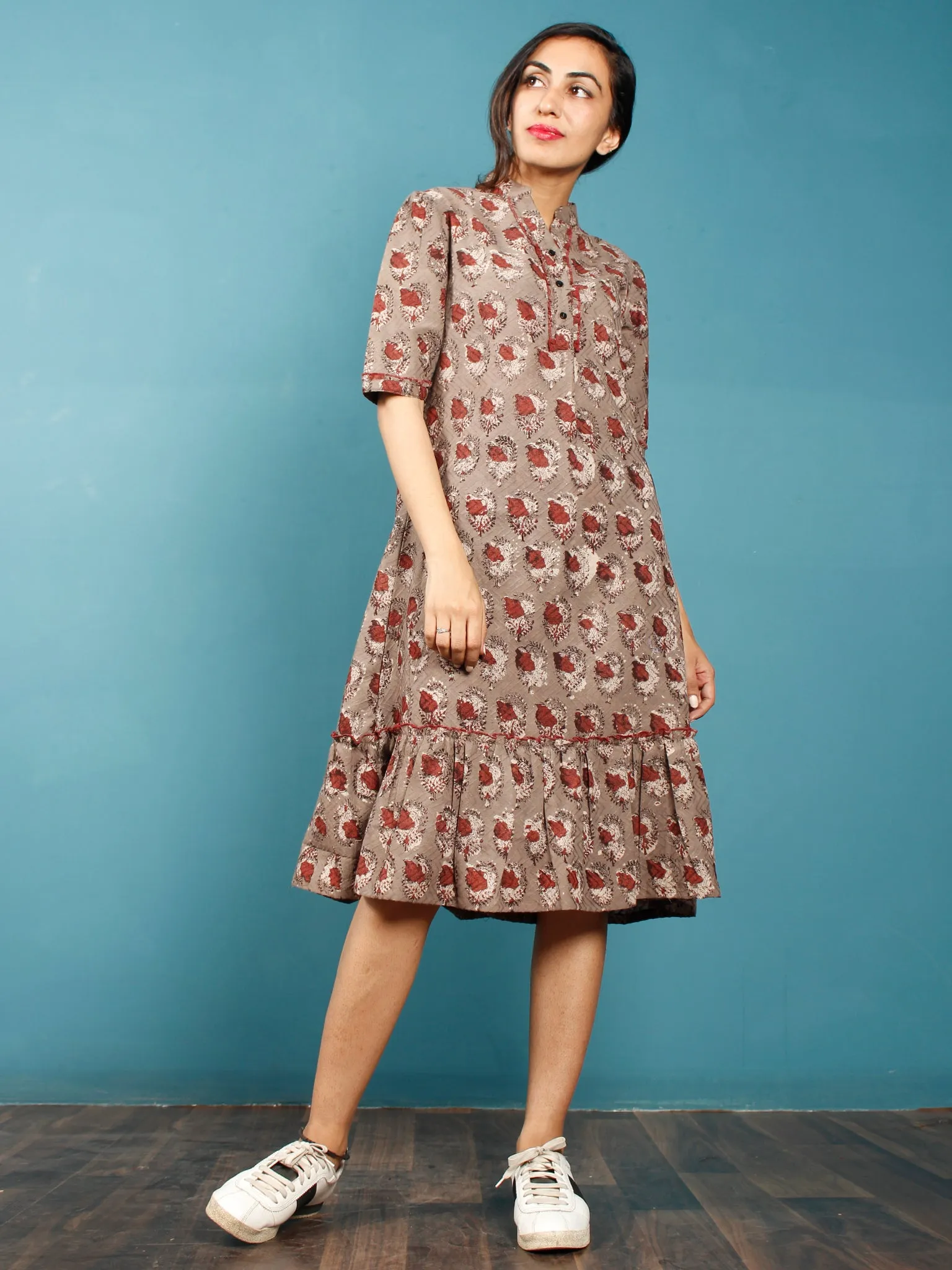 Brown Rust Beige Hand Block Printed Dobby Cotton Frock Dress With Stand Collar - D252F1363