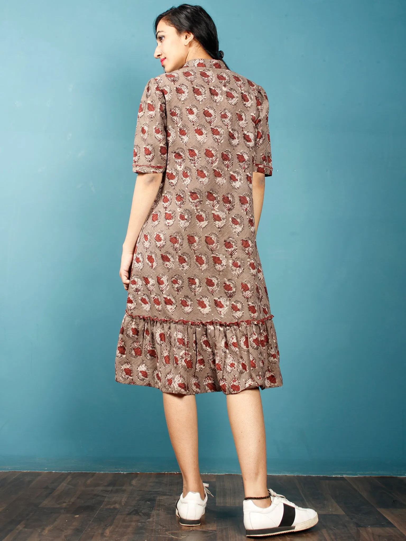 Brown Rust Beige Hand Block Printed Dobby Cotton Frock Dress With Stand Collar - D252F1363