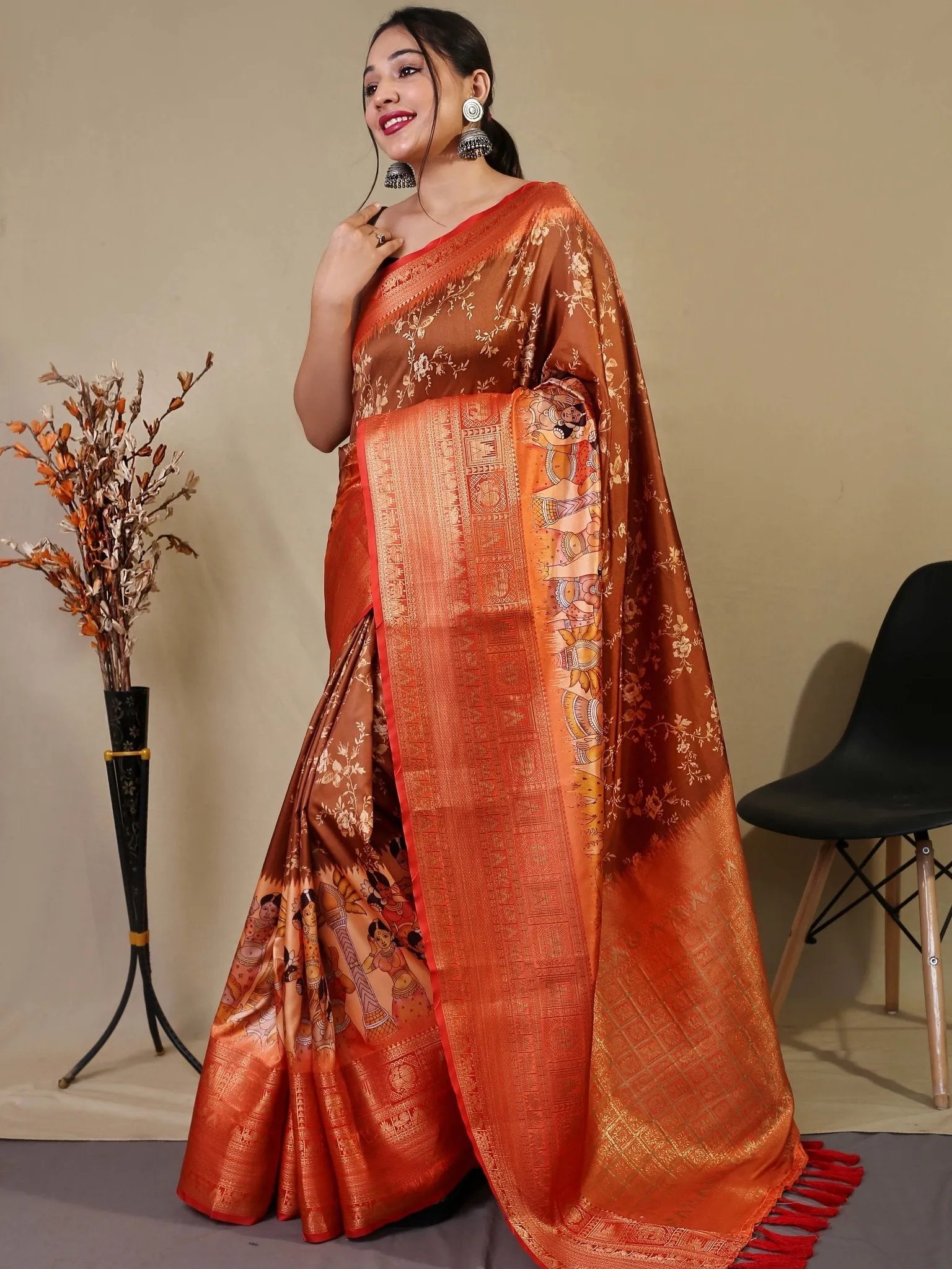 Brown Saree in Floral Kalamkari Print