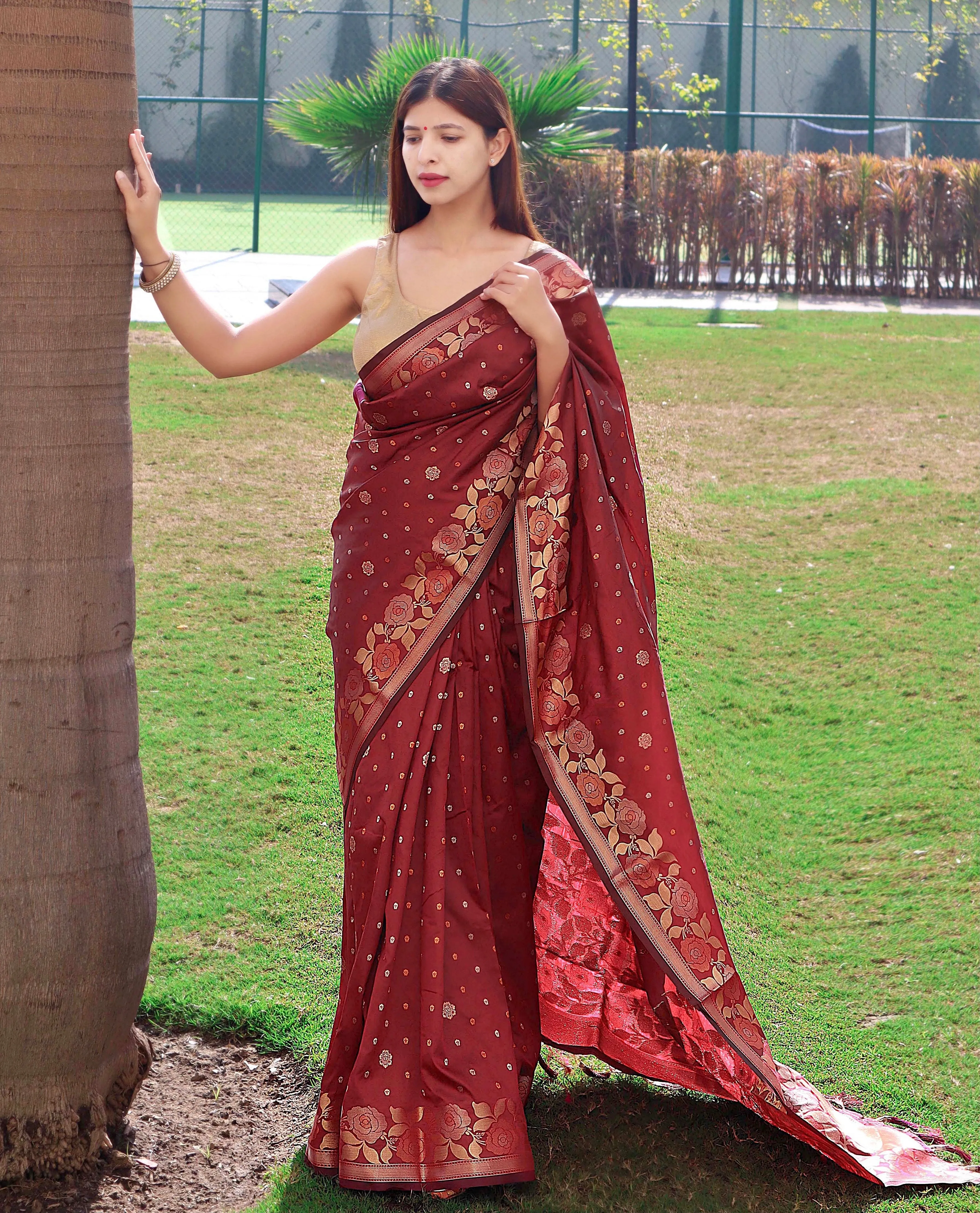 Brown Saree in Soft Silk with Floral Woven Border and Pallu