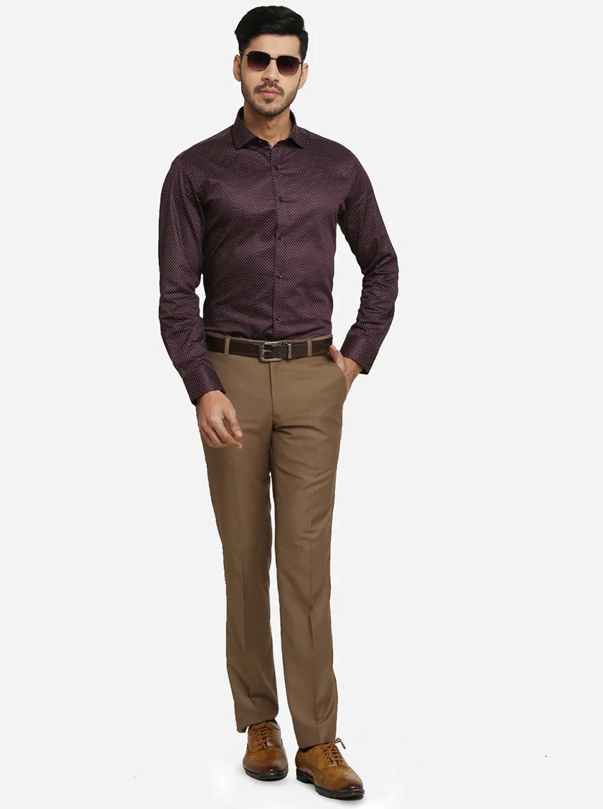 Brown Self Design Slim Fit Formal Trouser | Metal