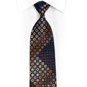 Brown Silver Geometric Floral On Navy Blue Rhinestone Tie With Gold Sparkles