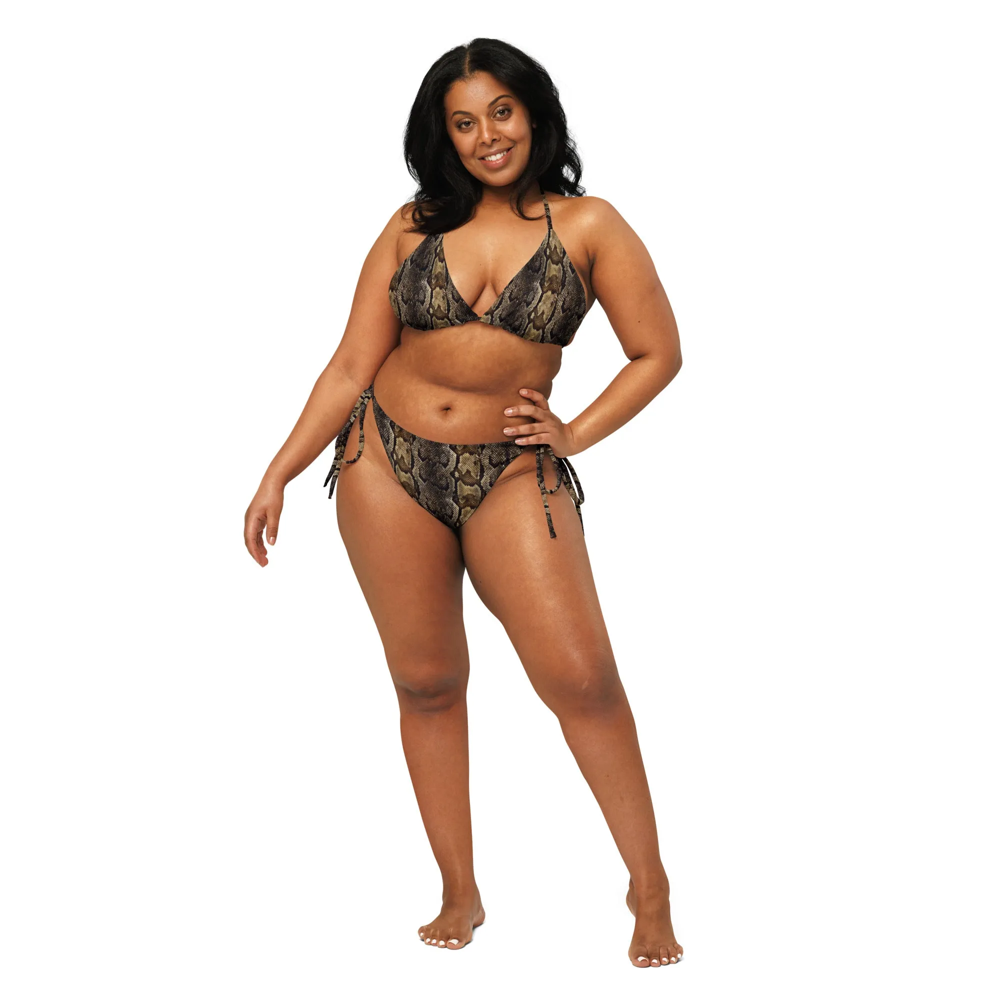 Brown Snake Print Bikini Set, 2 pc Recycled String Bikini Set For Women - Made in USA/EU/MX  (US Size: 2XL-6XL)