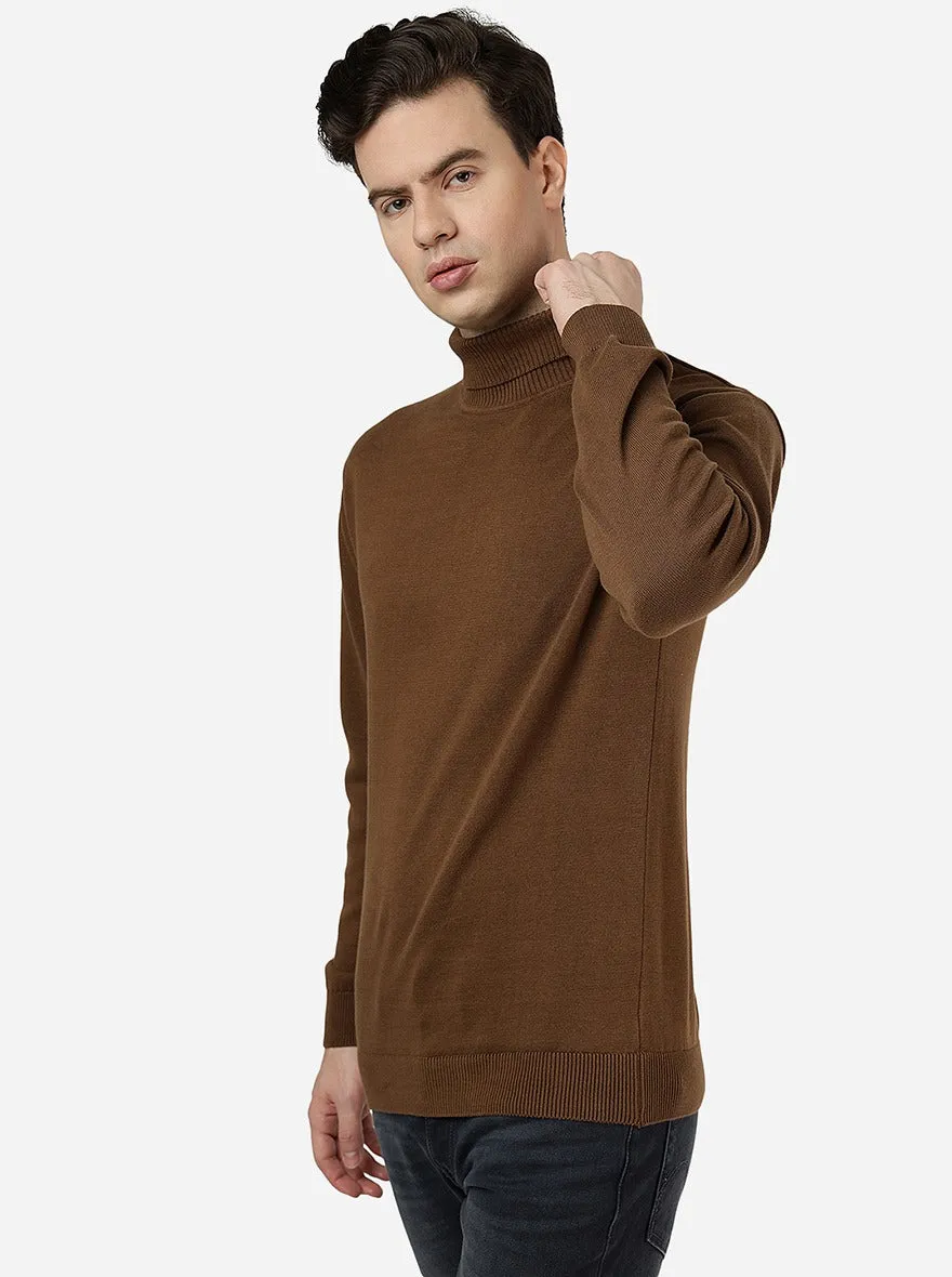 Brown Solid Slim Fit Winter T-Shirt | JadeBlue