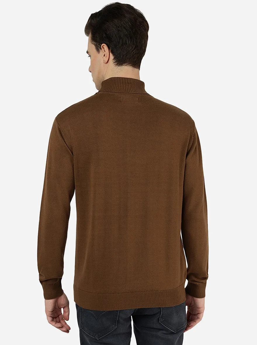 Brown Solid Slim Fit Winter T-Shirt | JadeBlue