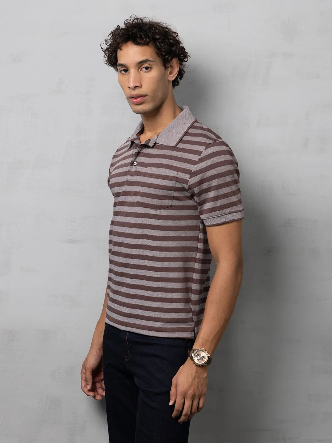 Brown Striped Polo T-Shirt