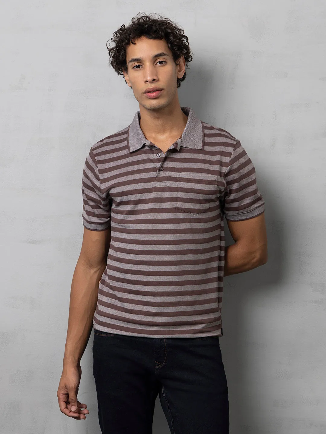 Brown Striped Polo T-Shirt